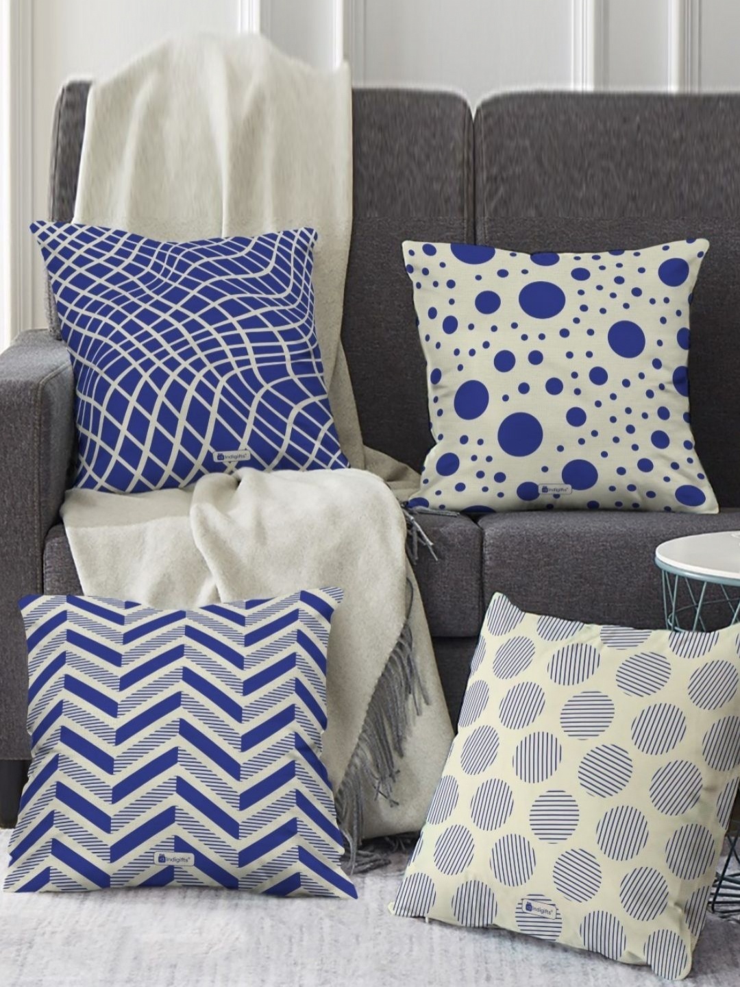 

Indigifts White & Blue 4 Pieces Geometric Printed Square Cushion Covers