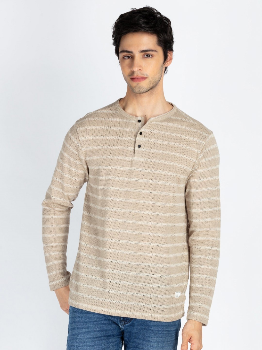 

Status Quo Men Striped Henley Neck T-shirt, Beige