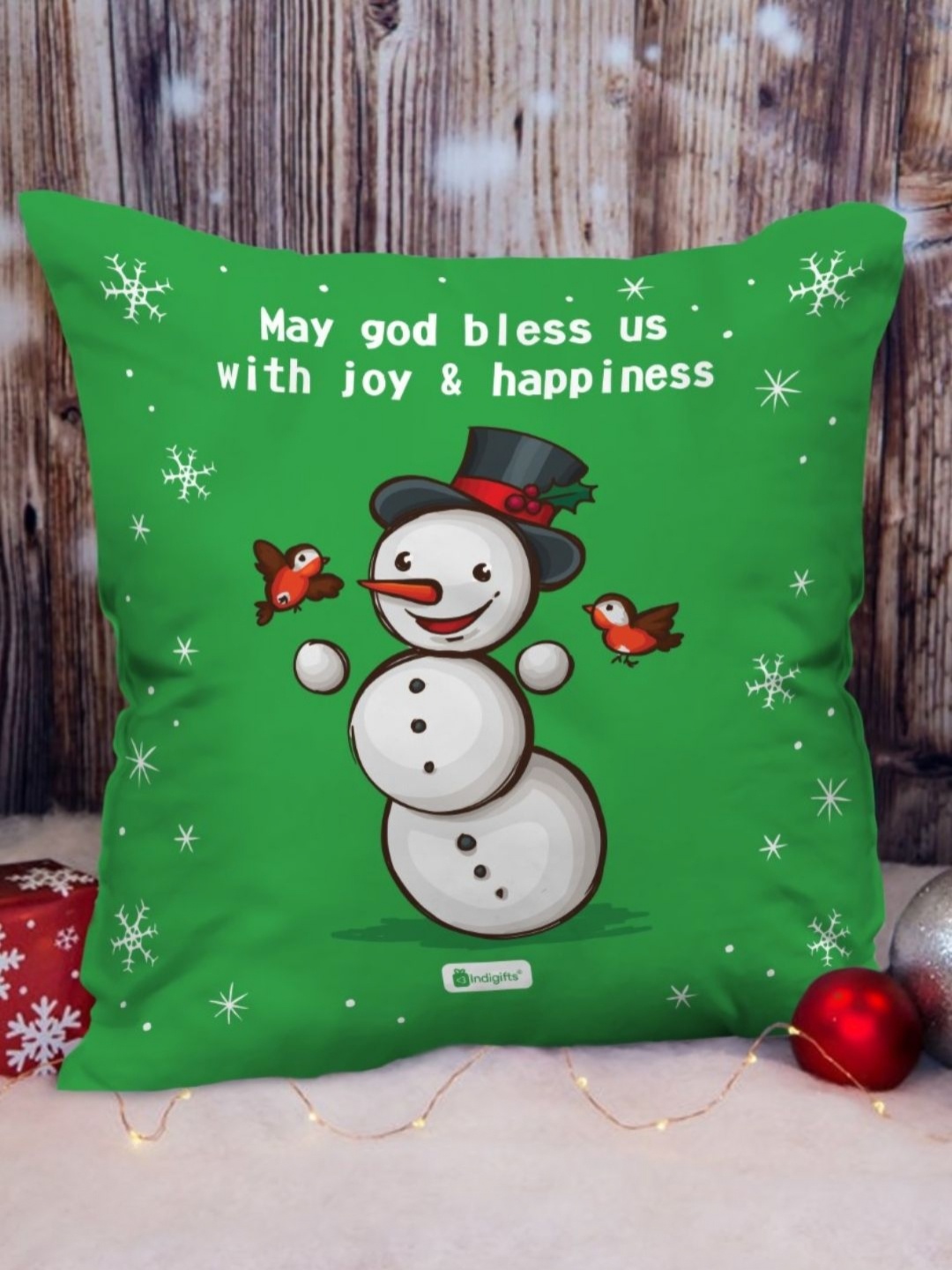 

Indigifts Green & White Snowman Quote Printed Satin Square Cushion Cover