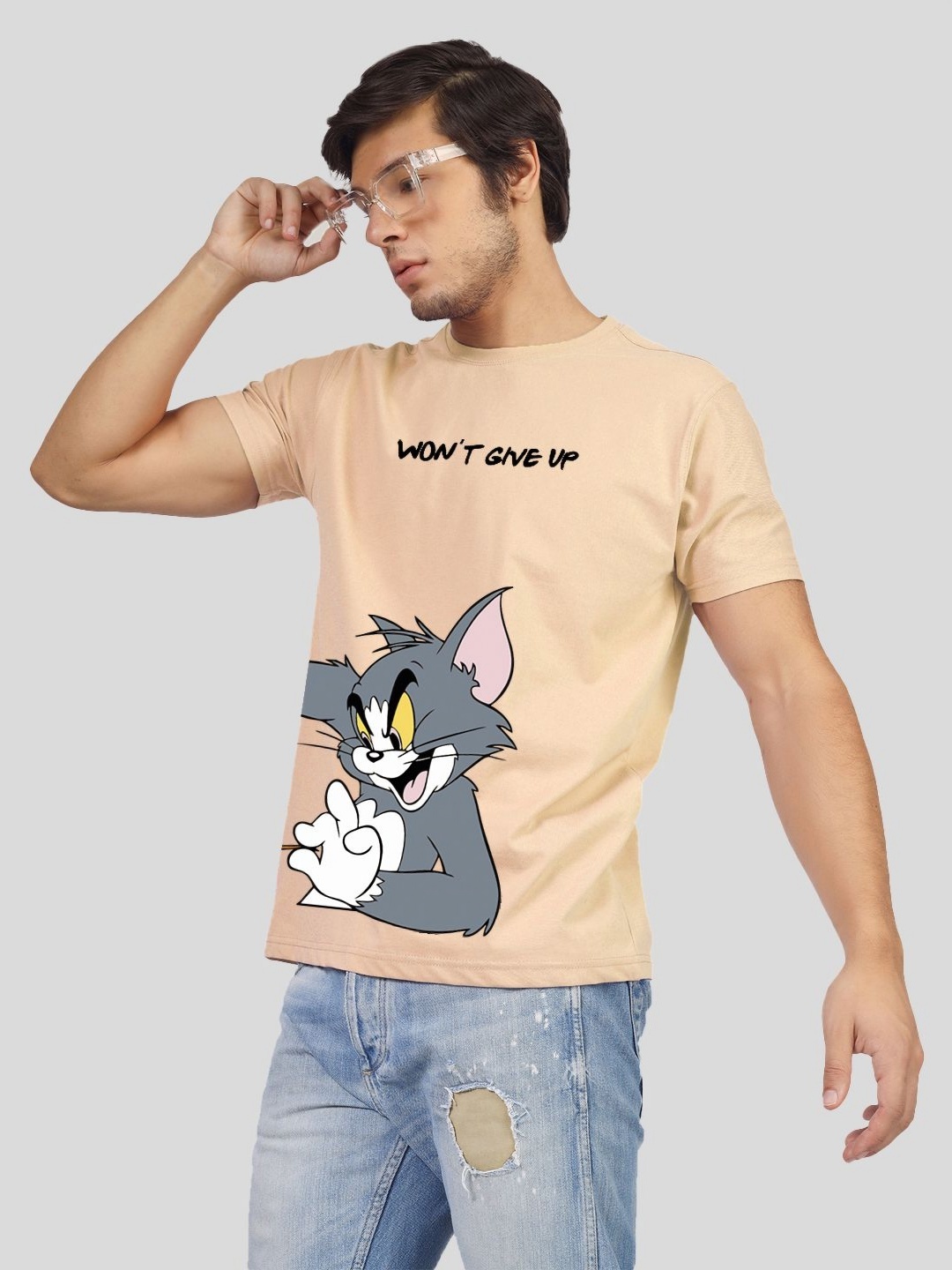 

Greylongg Men Graphic Printed Round Neck Cotton T-shirt, Beige