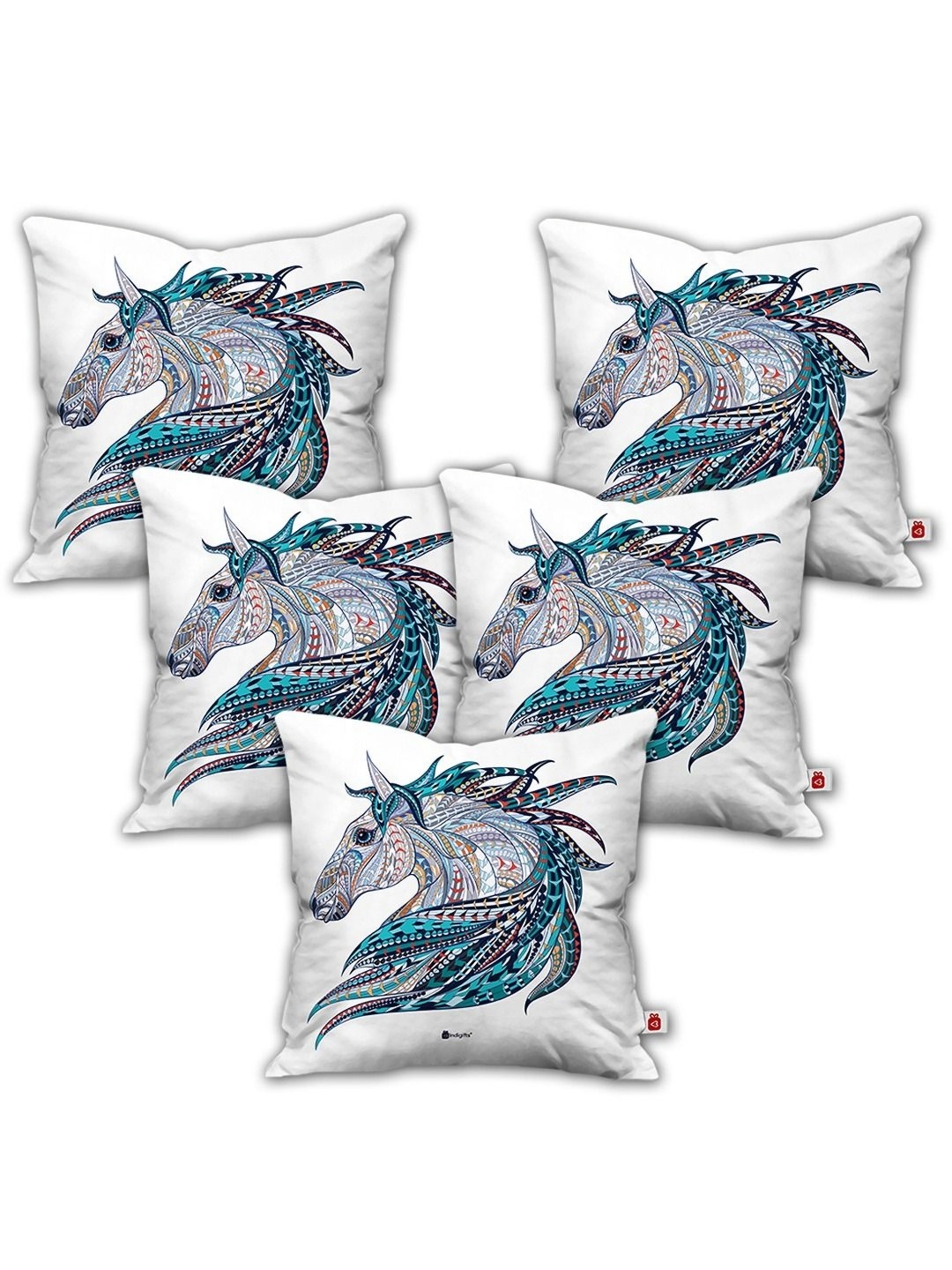 

Indigifts White & Blue 5 Horse Pieces Printed Satin Square Cushion Covers