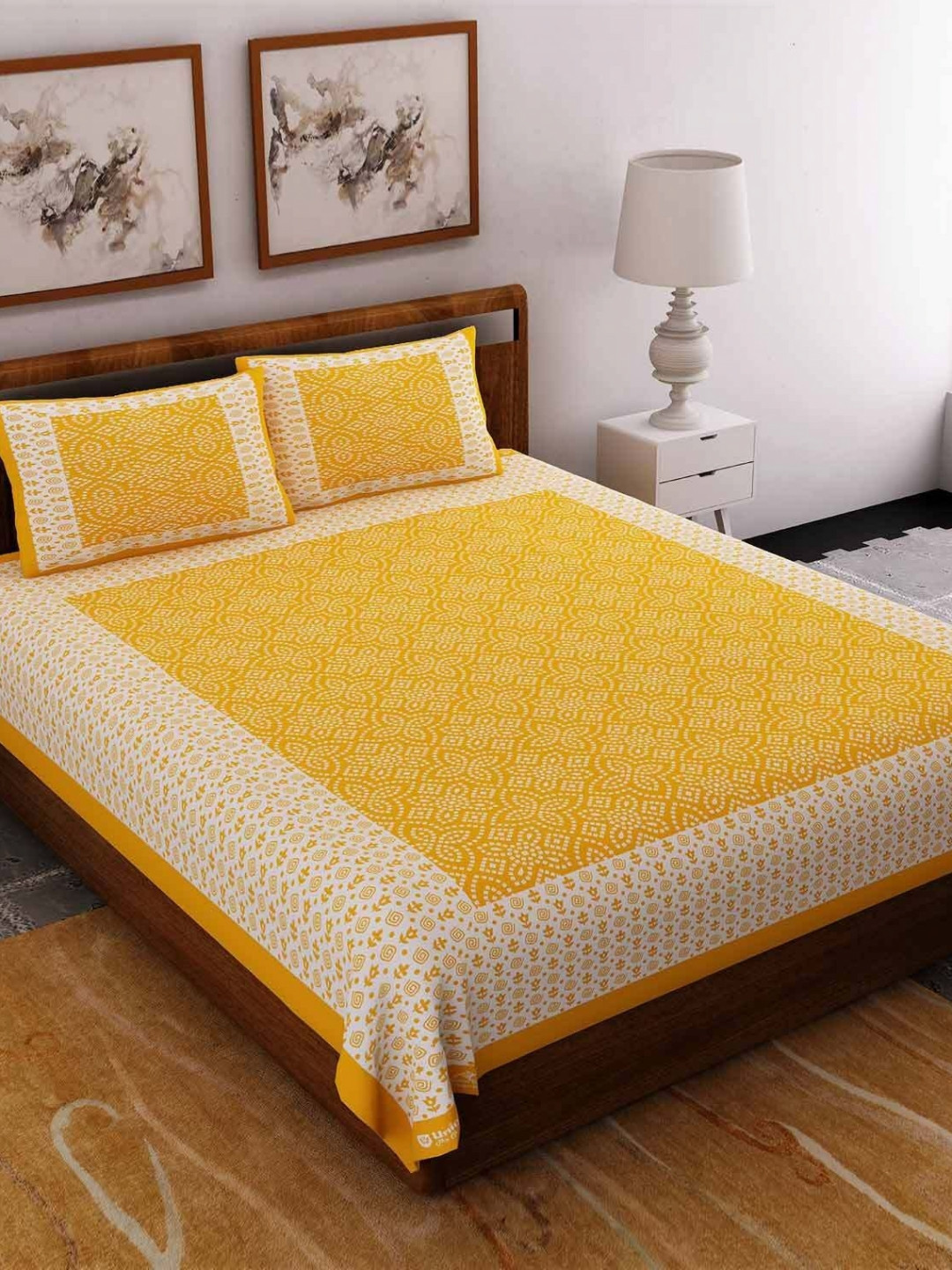 

AYAT COLLECTION Yellow Ethnic Printed 144 TC Cotton Queen Bedsheet with 2 Pillow Covers