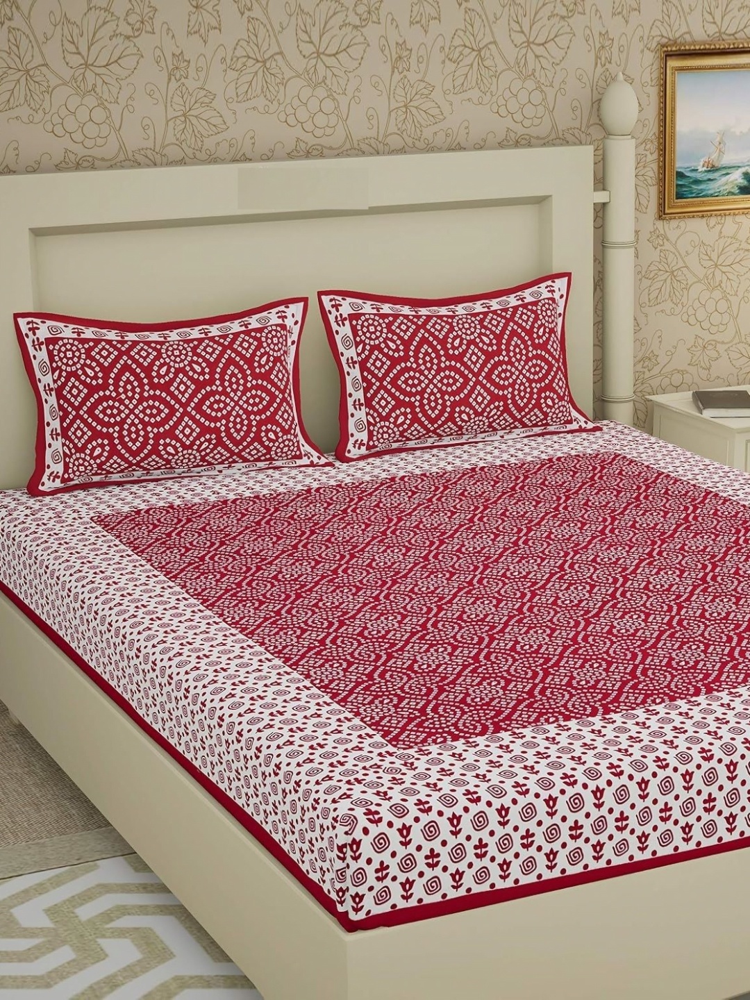 

AYAT COLLECTION Red Ethnic Printed 144 TC Cotton Queen Bedsheet with 2 Pillow Covers