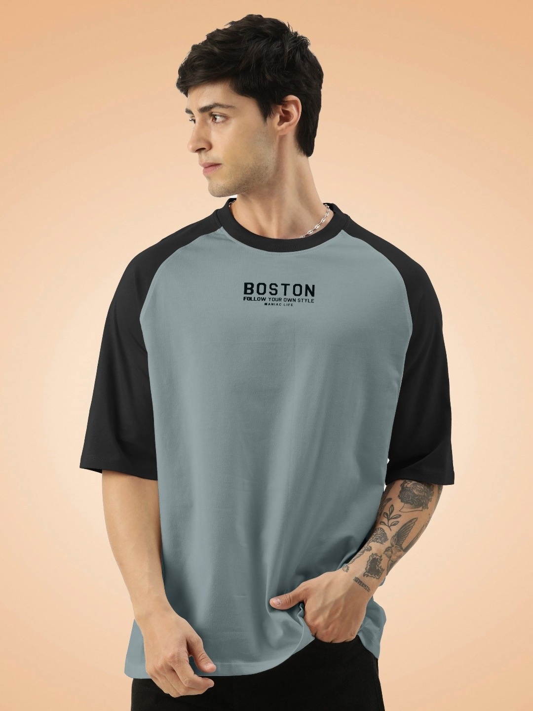 

Maniac Men Typography Printed Round Neck Cotton Oversized T-shirt, Grey