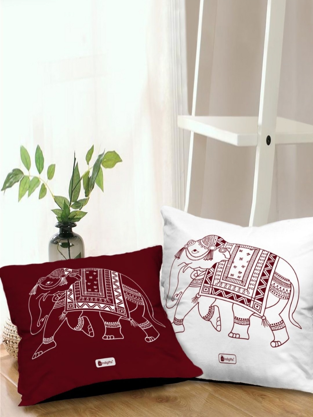 

Indigifts White & Maroon2 Pieces Ethnic Motifs Printed Satin Square Cushion Covers