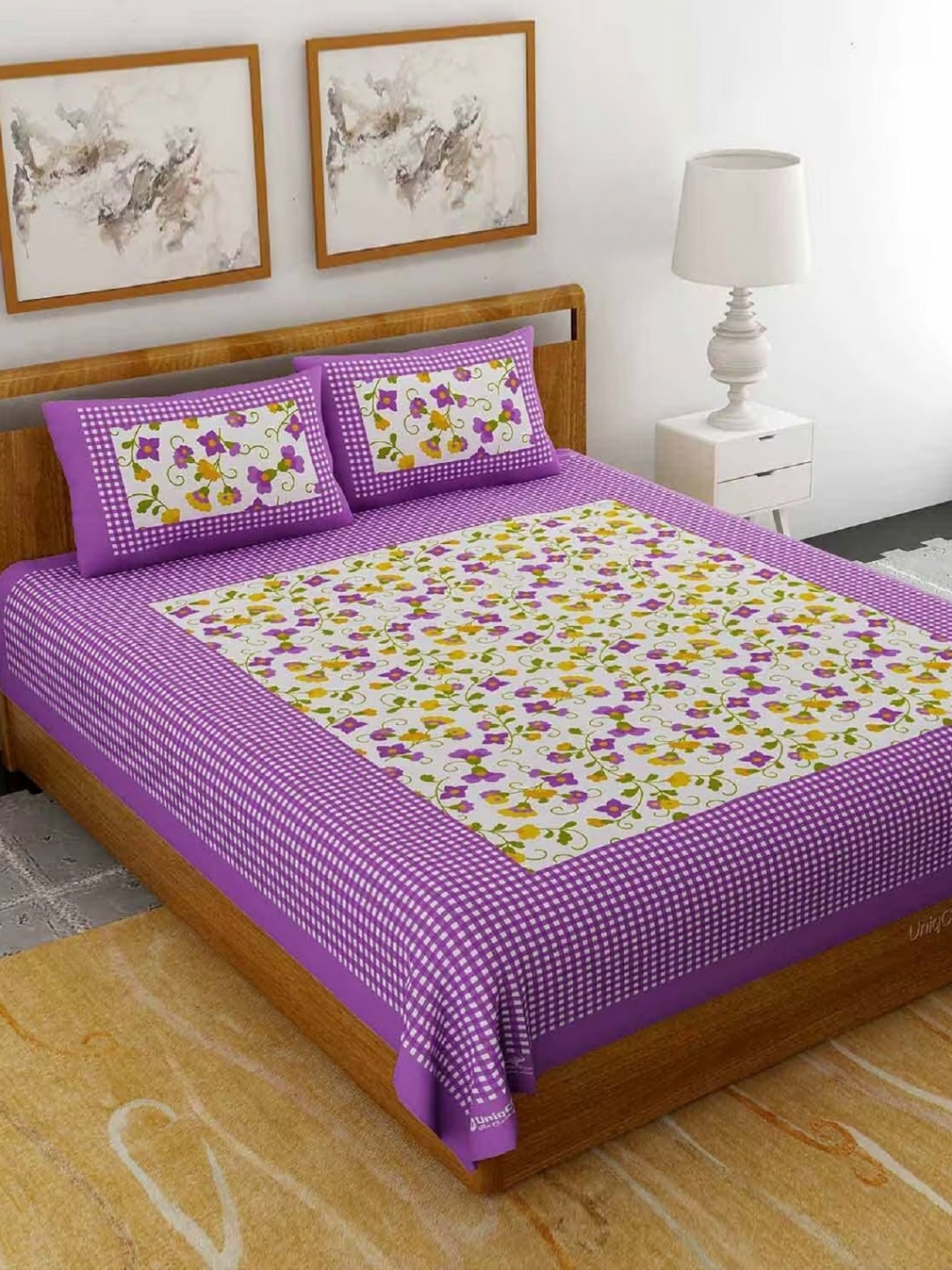

AYAT COLLECTION Purple & White Floral 144 TC Cotton Queen Bedsheet With 2 Pillow Covers