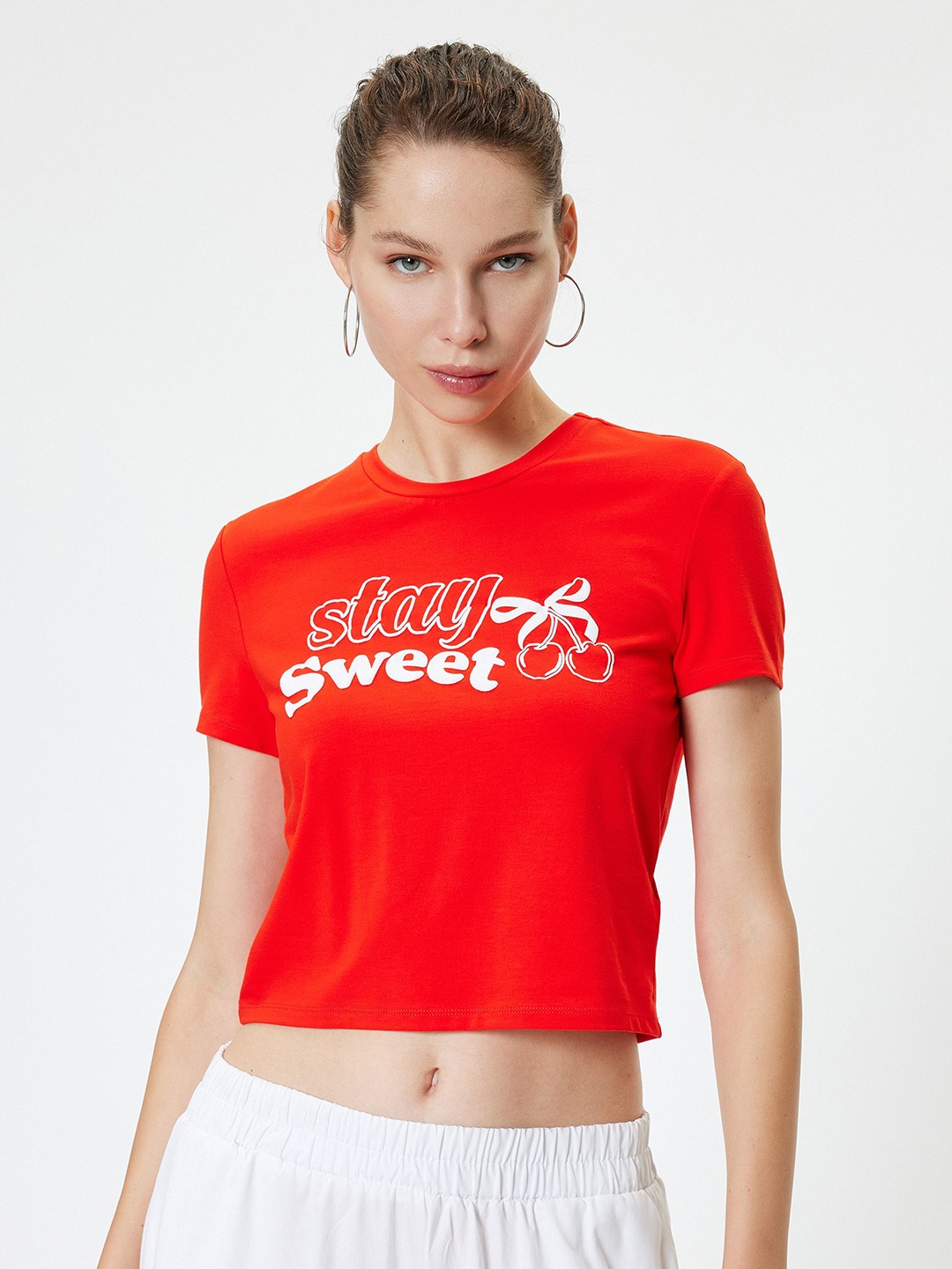 

Koton Women Typography Printed V-Neck Cotton T-shirt, Red