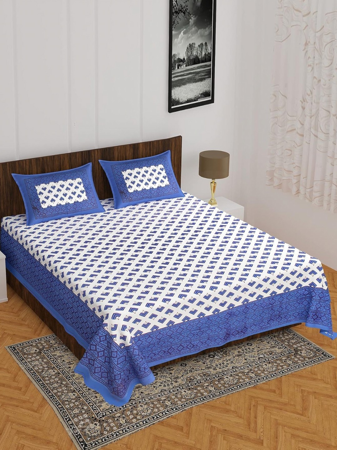 

AYAT COLLECTION Blue & White Ethnic Motifs 144 TC Queen Bedsheet With 2 Pillow Covers