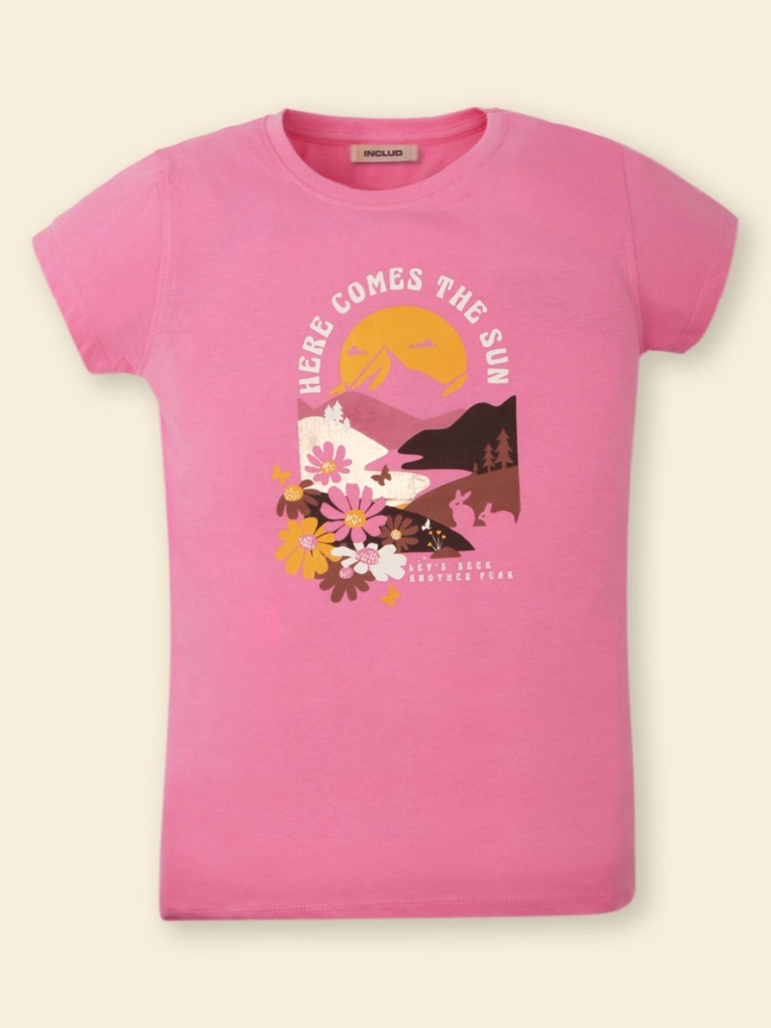 

INCLUD Girls Graphic Printed Round Neck Cotton T-shirt, Pink