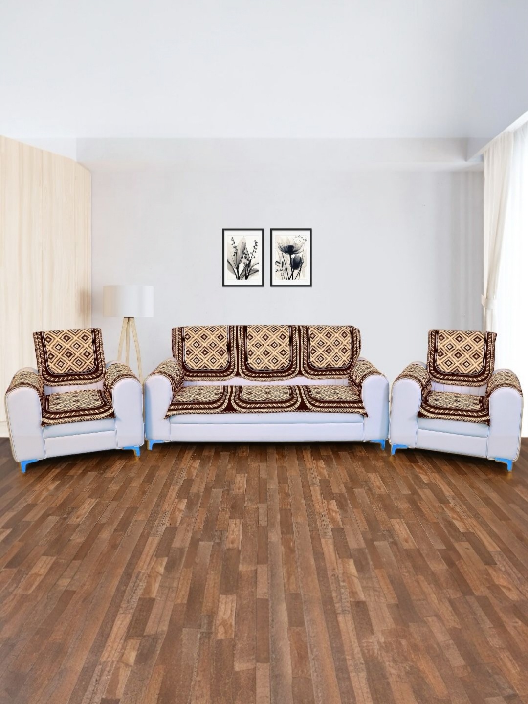 

BIGGER FISH Coffee Brown & Off White 16 Pieces Printed 5 Seater Cotton Sofa Cover