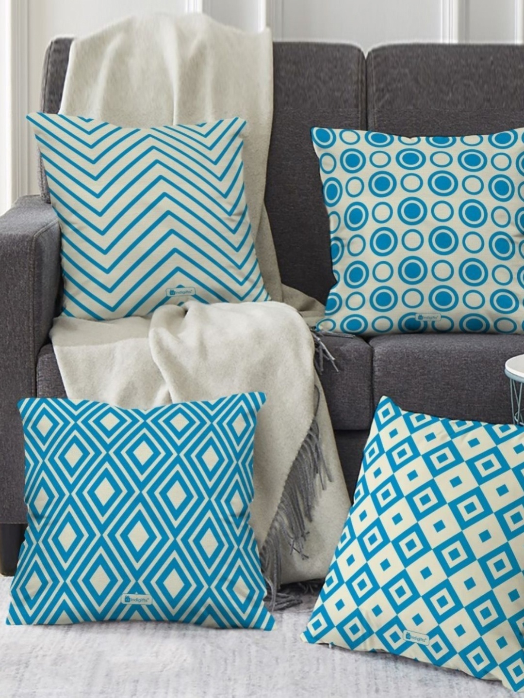 

Indigifts Blue & White 4 Pieces Floral Printed Square Cushion Covers