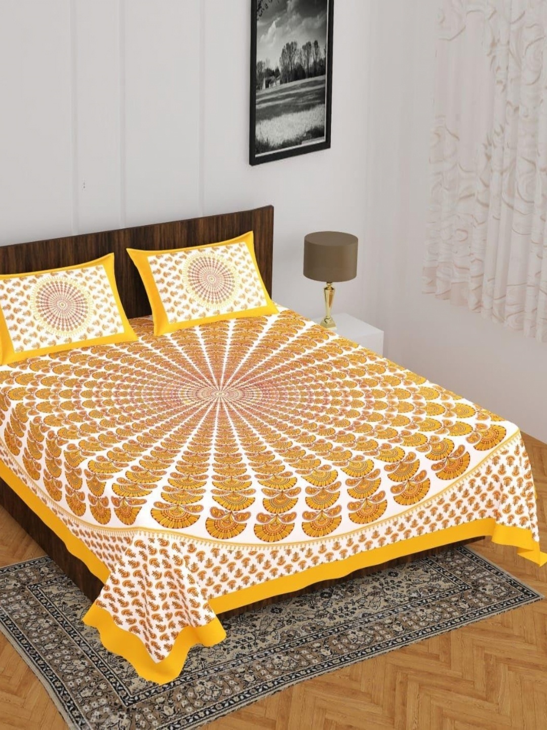 

AYAT COLLECTION Yellow Ethnic Printed 144 TC Cotton Queen Bedsheet with 2 Pillow Covers