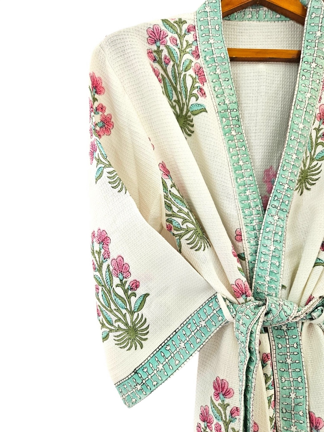 

Feels Like Home White & Green Floral Printed Pure Cotton BathRobe