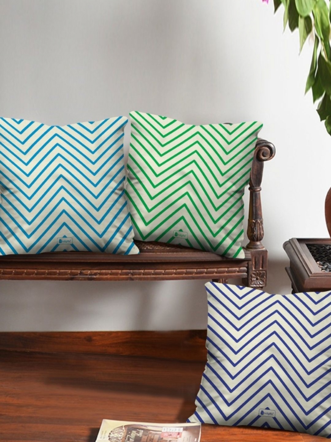 

Indigifts Blue & Green Chevron Printed Satin Square Cushion Covers