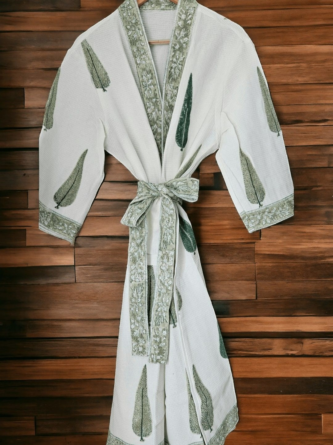 

Feels Like Home White and Green Floral Printed Cotton Bath Robe