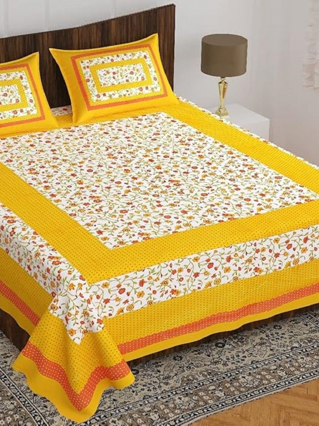 

AYAT COLLECTION Yellow Floral Printed 144 TC Cotton Queen Bedsheet with 2 Pillow Covers