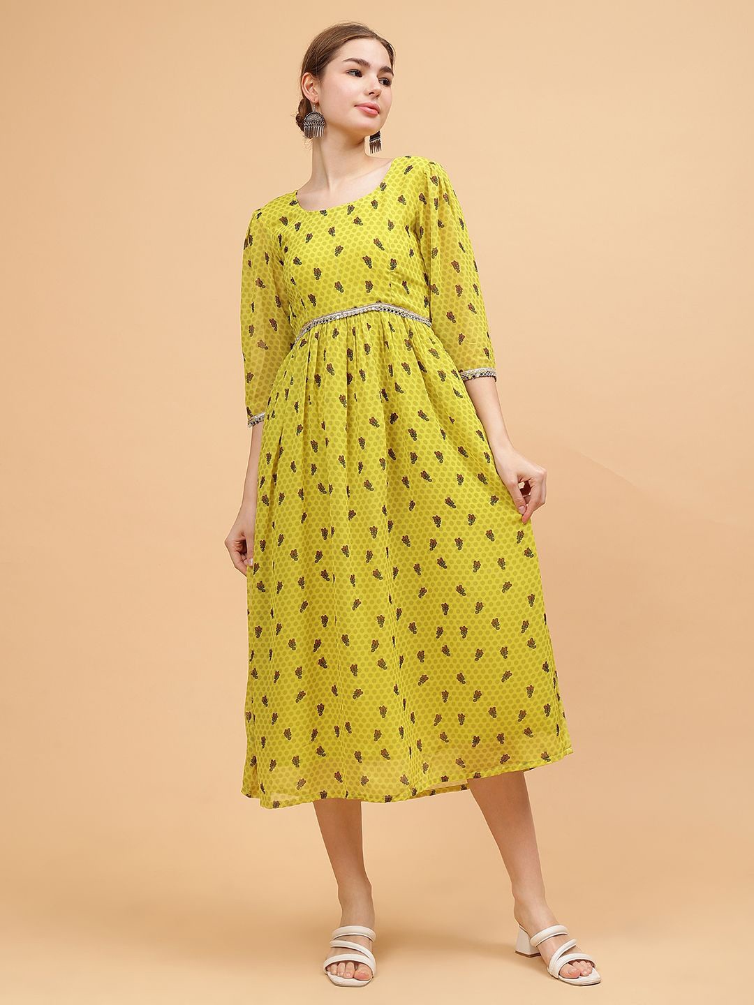 

Frolic Rolic Floral Print Fit & Flare women Maxi Dress, Lime green