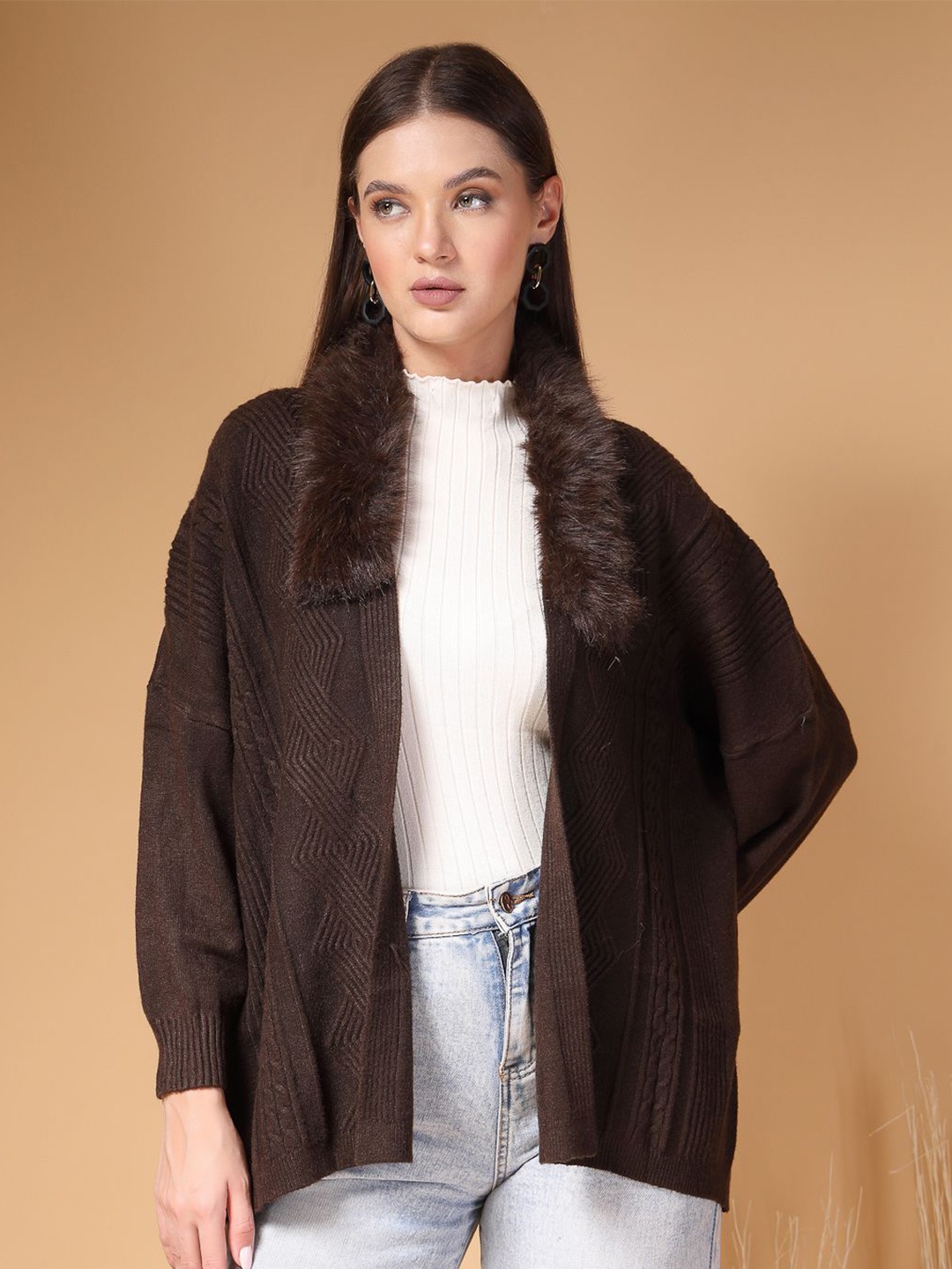 

Mafadeny Women Long Sleeved Front Open Shrug, Brown