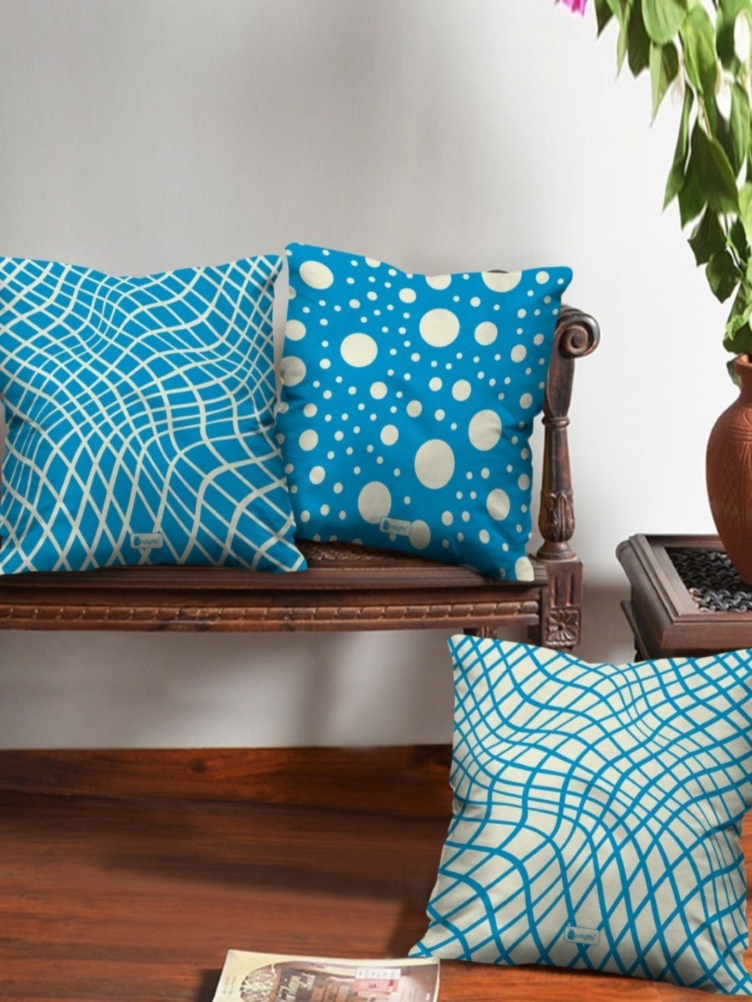 

Indigifts Set of 3 Blue Printed Square Cushion Covers