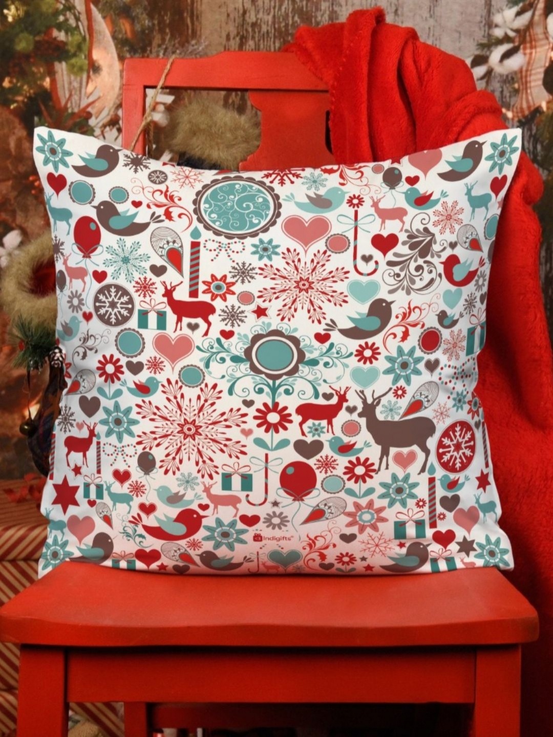 

Indigifts White & Red Floral Printed Square Cushion Covers