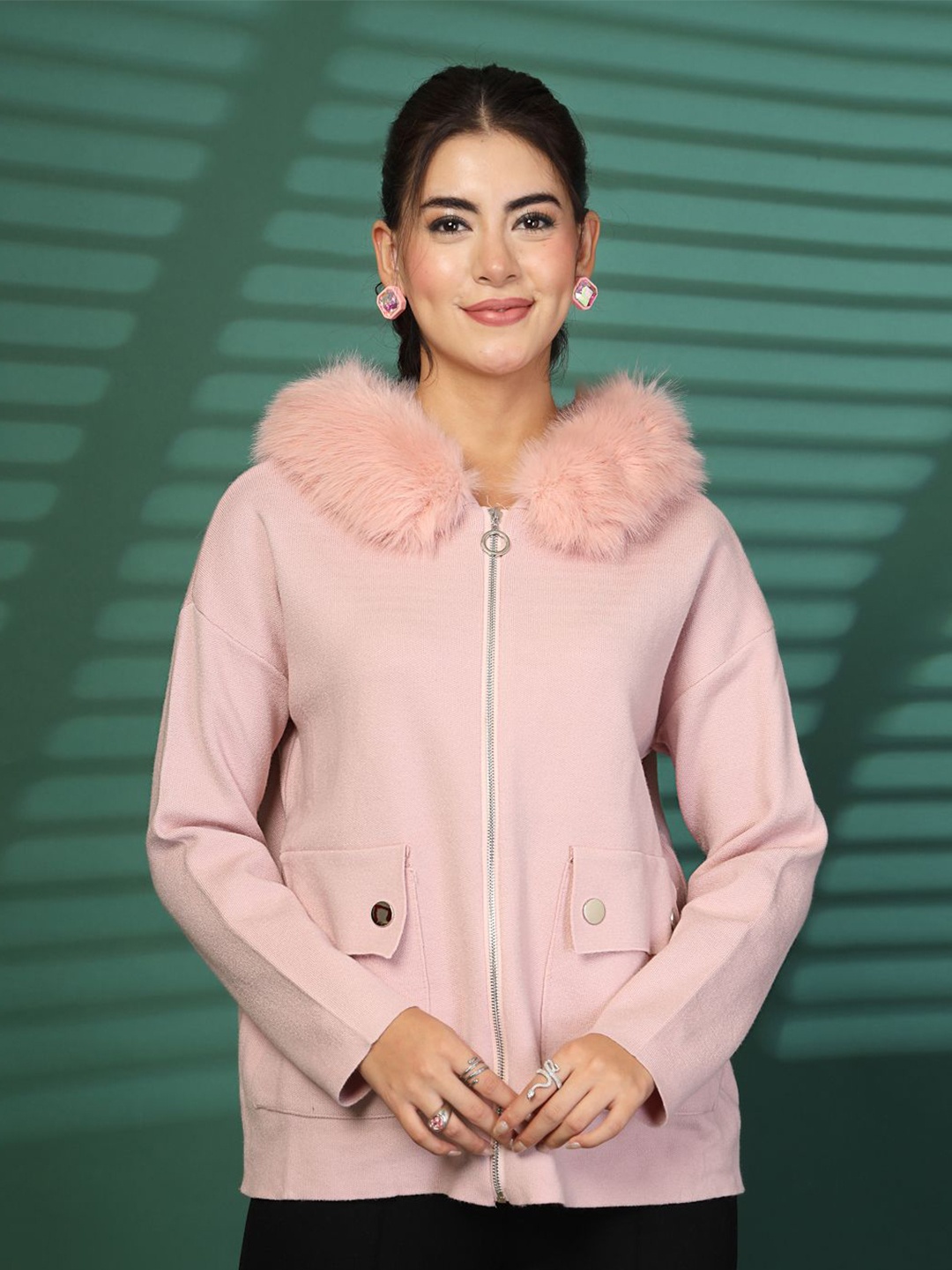 

Mafadeny Long Sleeved Hip Length Ponchoo Coat, Peach