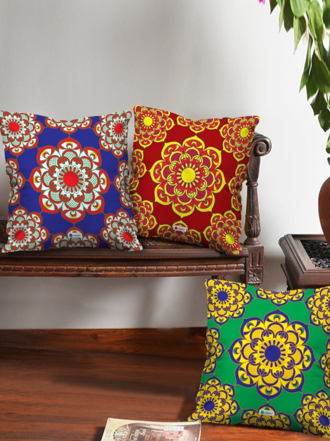 

Indigifts Blue & Brown 3 Pieces Floral Printed Square Cushion Covers