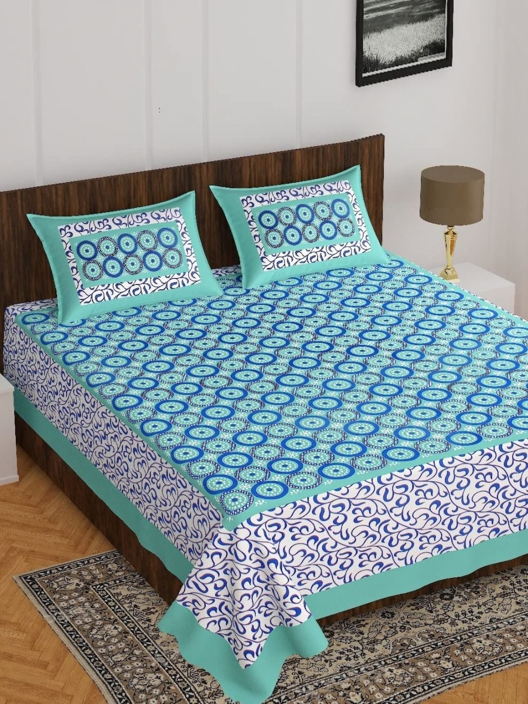 

AYAT COLLECTION Sea Green Geometric Printed 144 TC Cotton Queen Bedsheet & 2 Pillow Covers