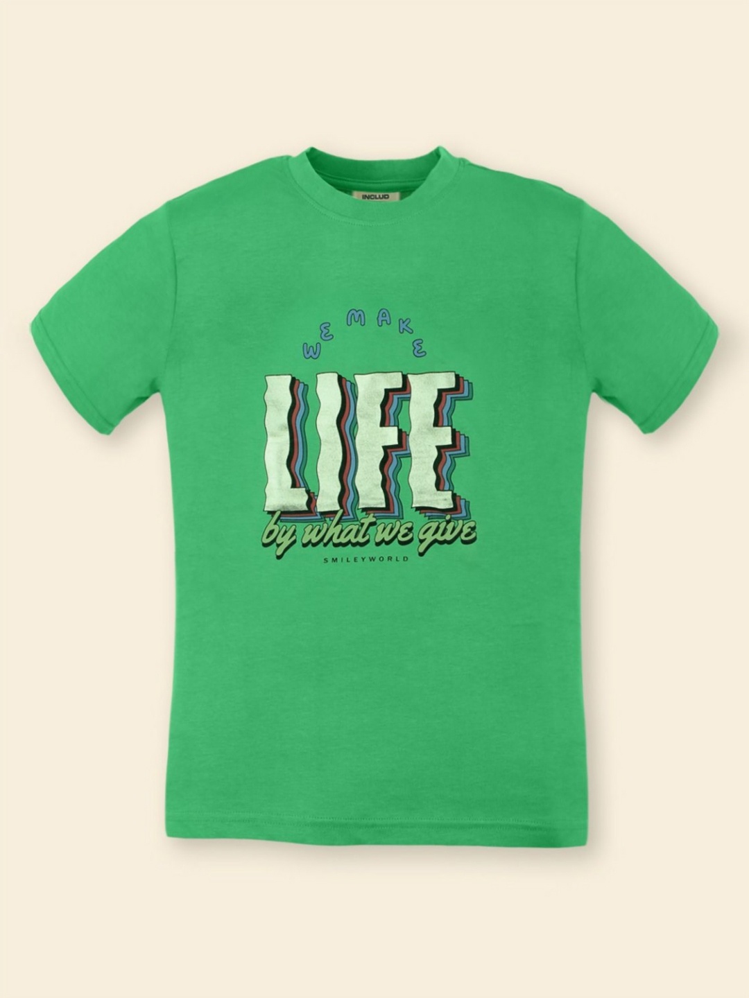 

INCLUD Girls Typography Printed Round Neck Cotton T-shirt, Green