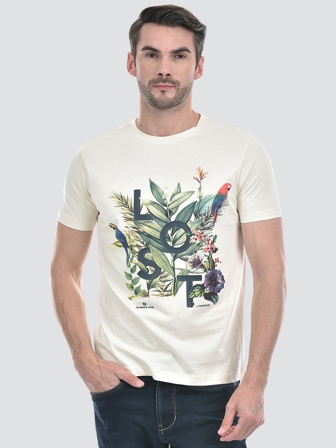 

Numero Uno Men Graphic Printed Round Neck Cotton T-shirt, Cream