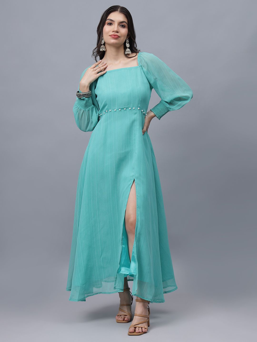 

Frolic Rolic Poly Georgette Square Neck Front Slit Full Sleeves Maxi Dress, Turquoise blue