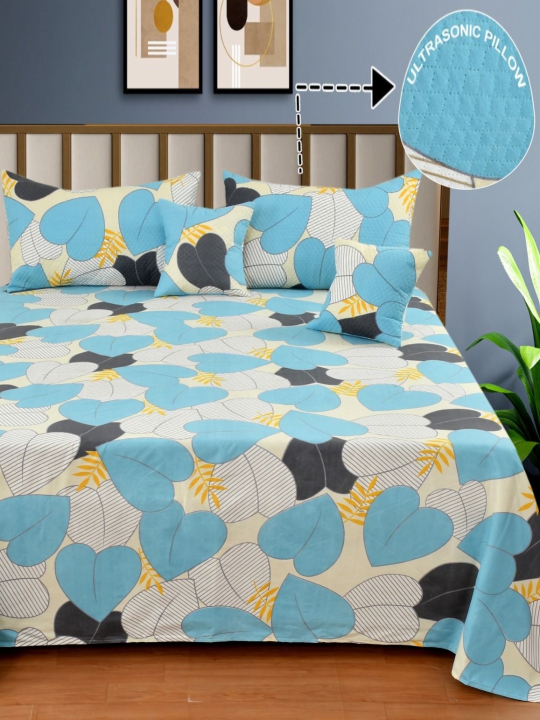 

NCS Blue & White Conversational Printed Cotton 300 TC Queen Bedsheet With 2 Pillow Covers
