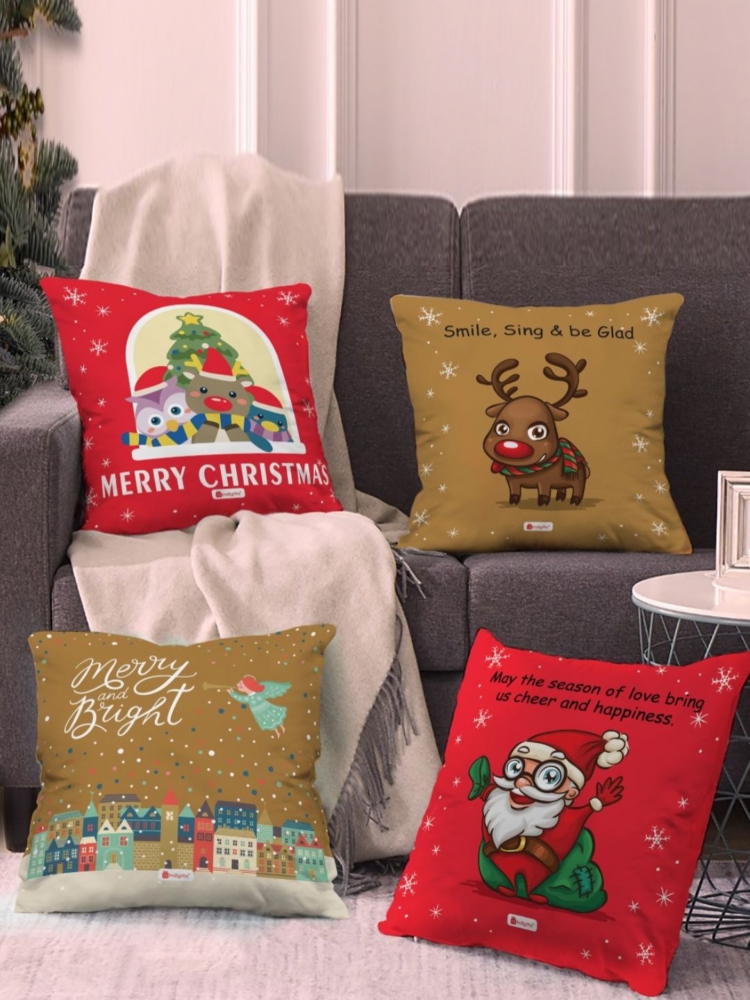 

Indigifts Red & Brown 4 Pieces Christmas Themed Printed Satin Square Cushion Covers