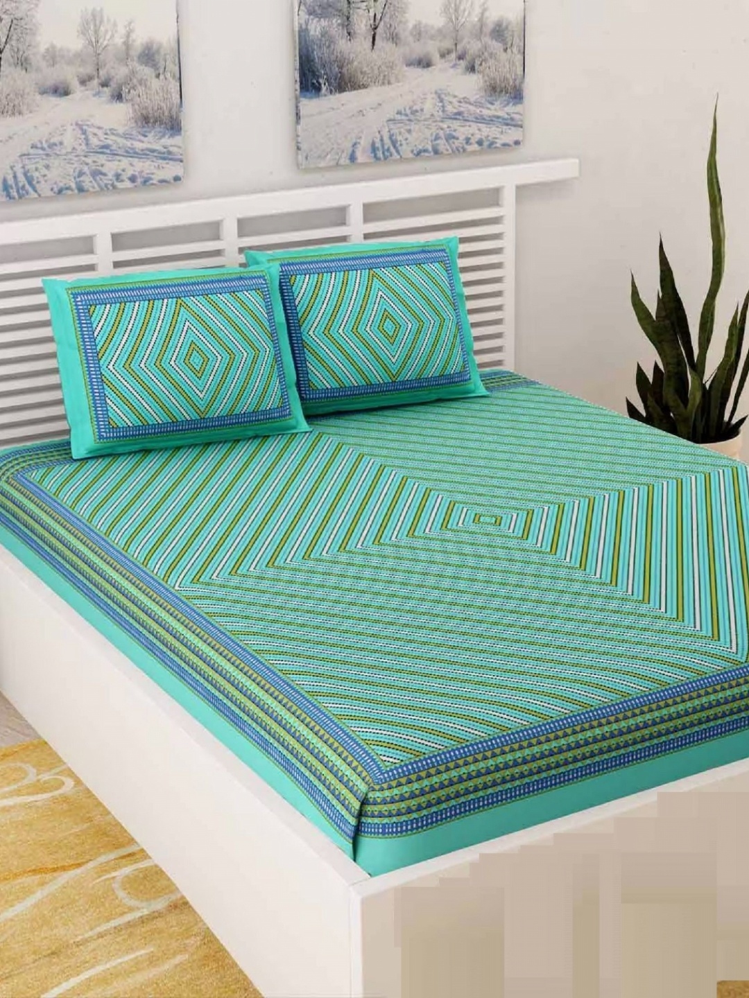 

AYAT COLLECTION Green & Blue Geometric 144 TC Queen Bedsheet With 2 Pillow Covers