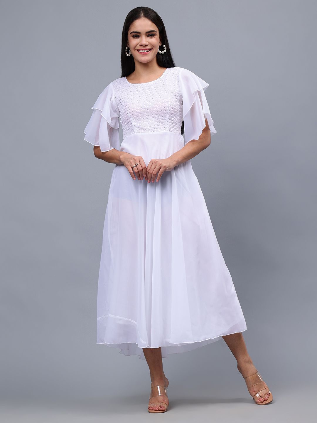 

Frolic Rolic Embellished Georgette Flutter Sleeves Round Neck Maxi Dress, White