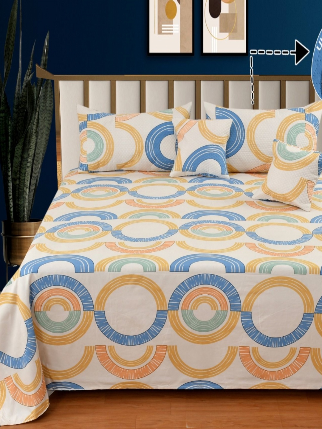 

NCS Cream & Blue Geometric Printed Cotton 300 TC Queen Bedsheet with 2 Pillow Covers