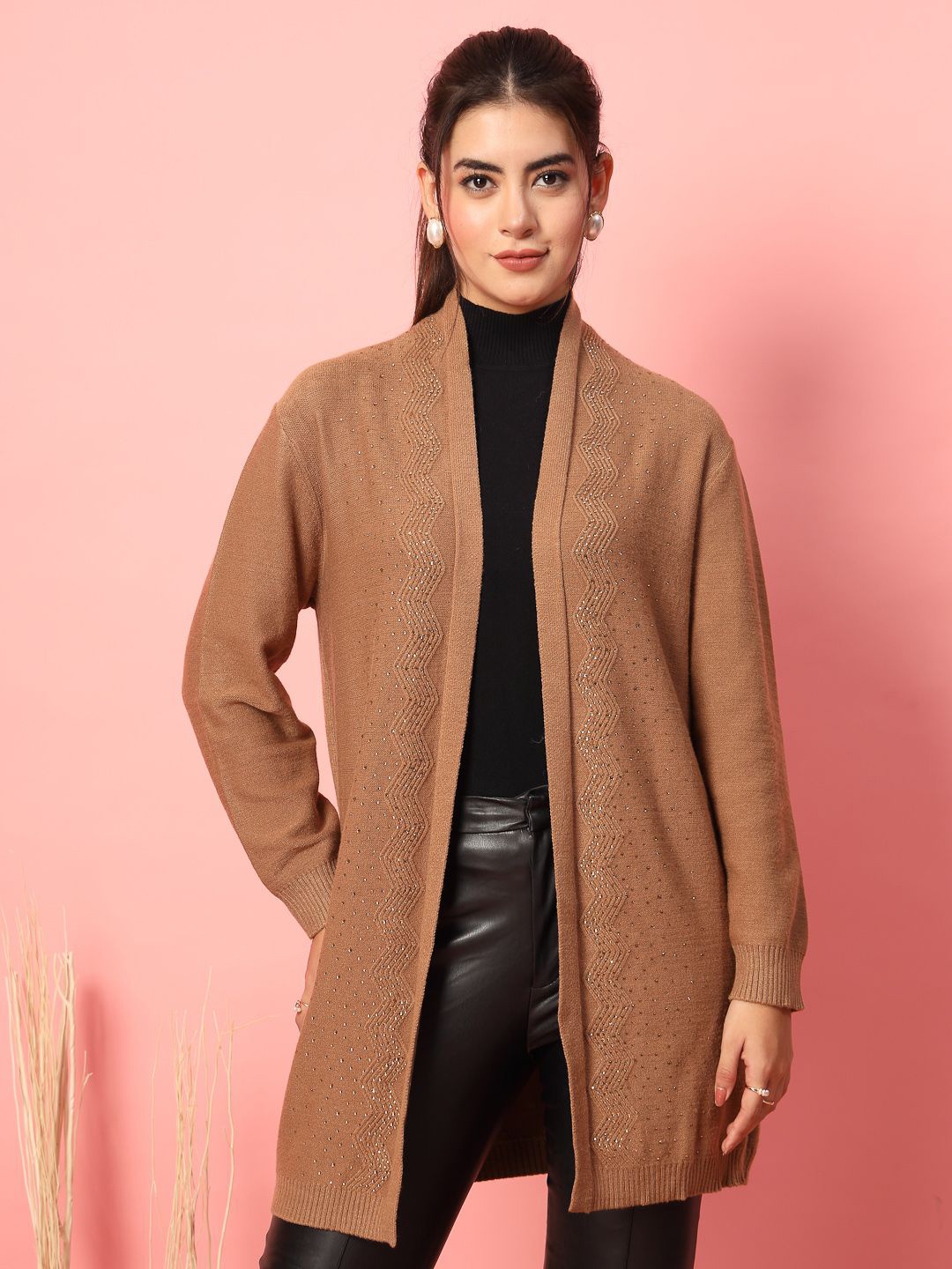 

Mafadeny Women Embellished Front Open Shrug, Camel brown