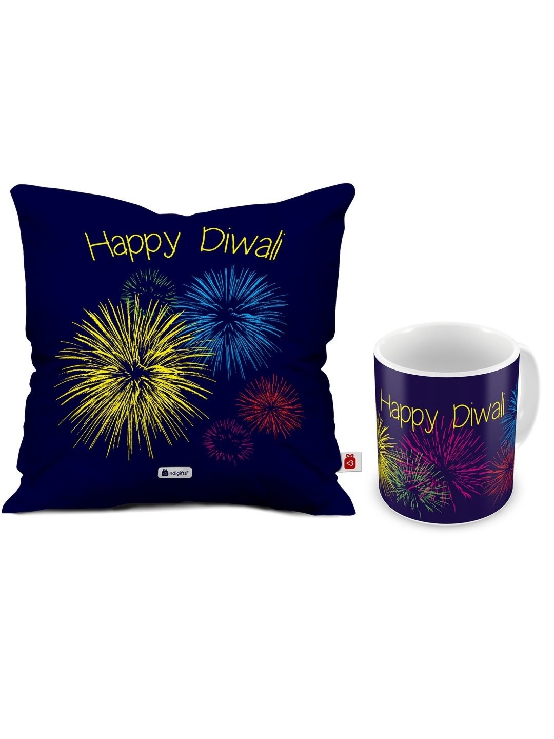 

Indigifts Blue & Green Happy Diwali Printed Satin Cushion Cover With Mug
