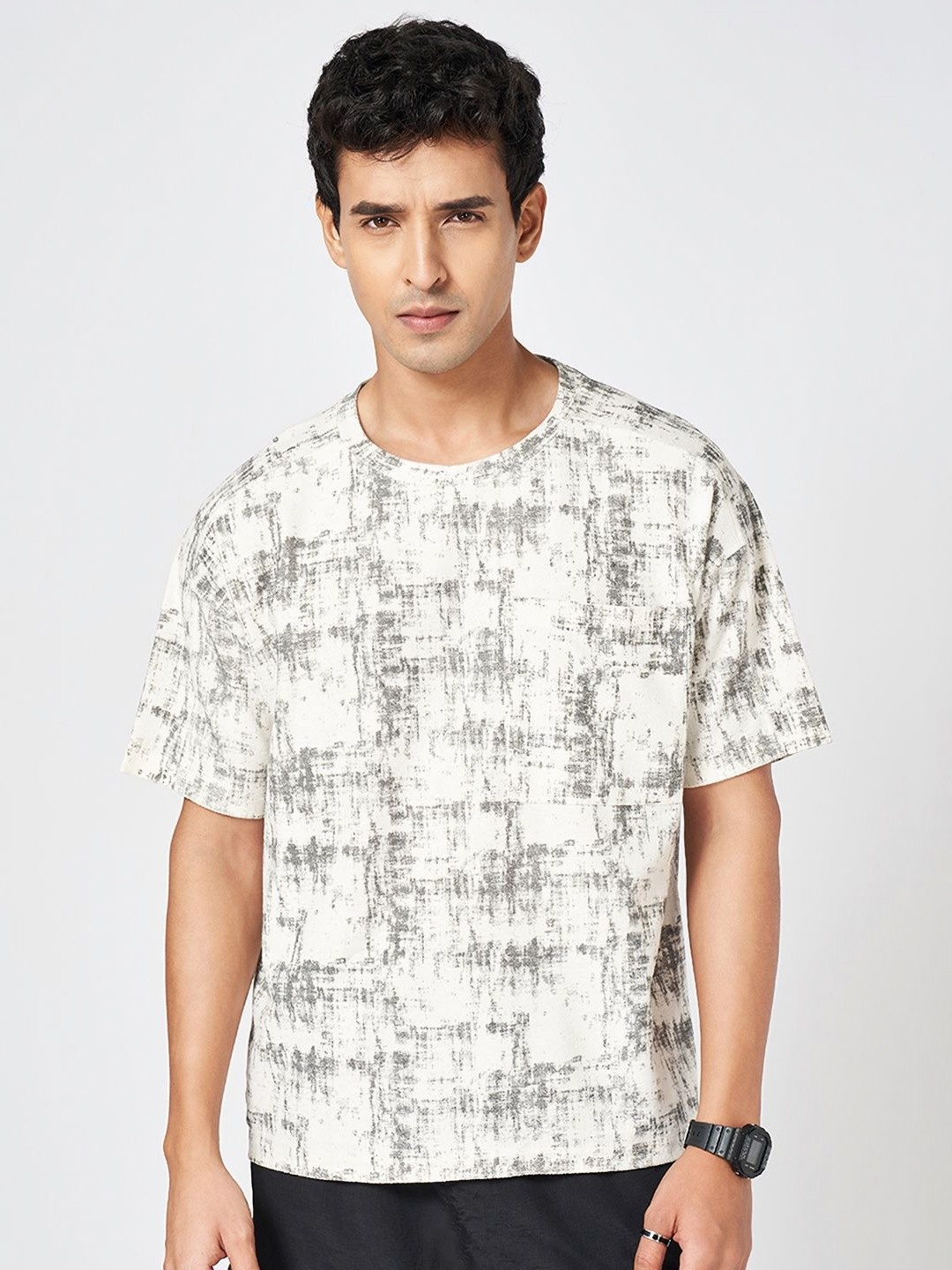 

Street 808 by Pantaloons Men Abstract Printed Round Neck Cotton Oversized T-shirt, Off white