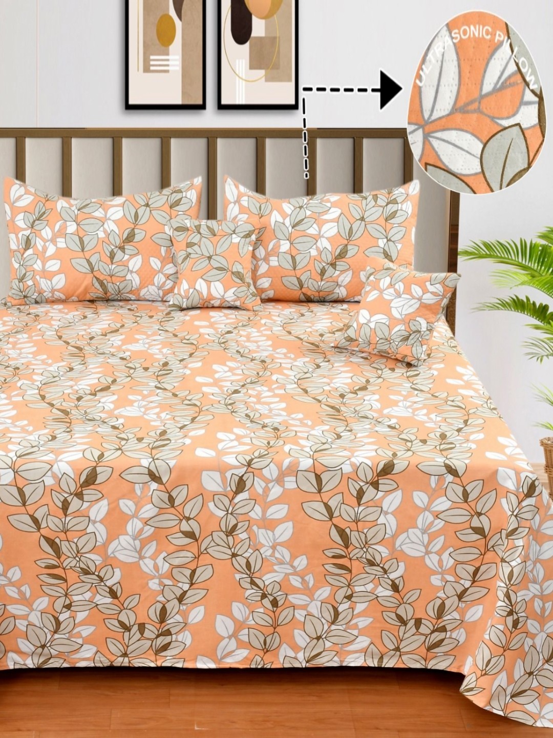 

NCS Peach & White Floral Printed Cotton 300 TC Queen Bedsheet With 2 Pillow Covers