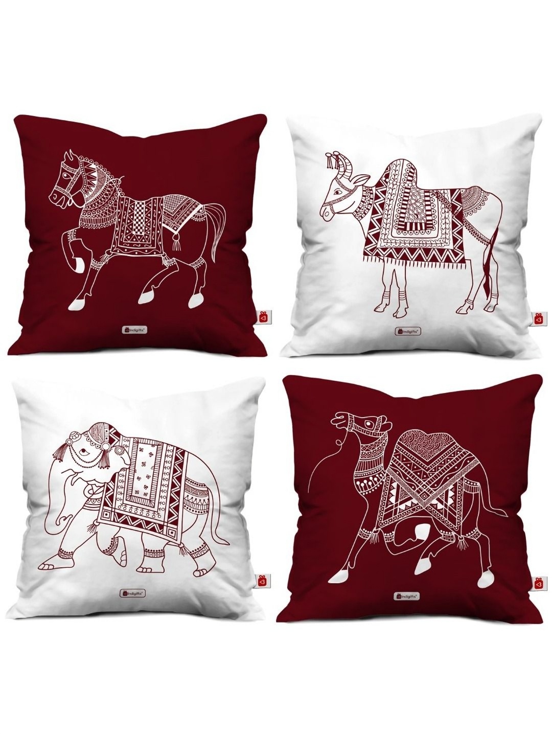 

Indigifts White & Maroon 4 Pieces Ethnic Motifs Printed Silk Cushion Covers