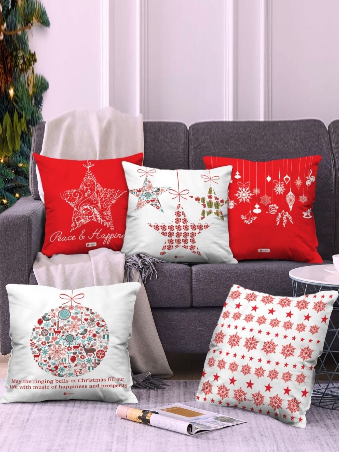 

Indigifts Red & White Christmas Theme Printed Satin Square Cushion Covers