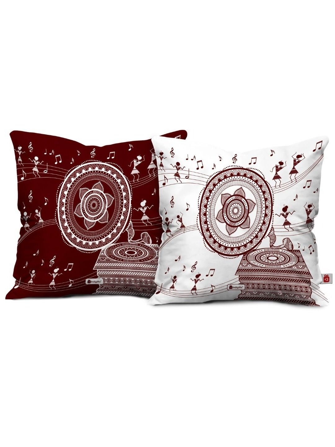 

Indigifts White & Burgundy 2 Pcs Ethnic Motifs Printed Satin Square Cushion Covers