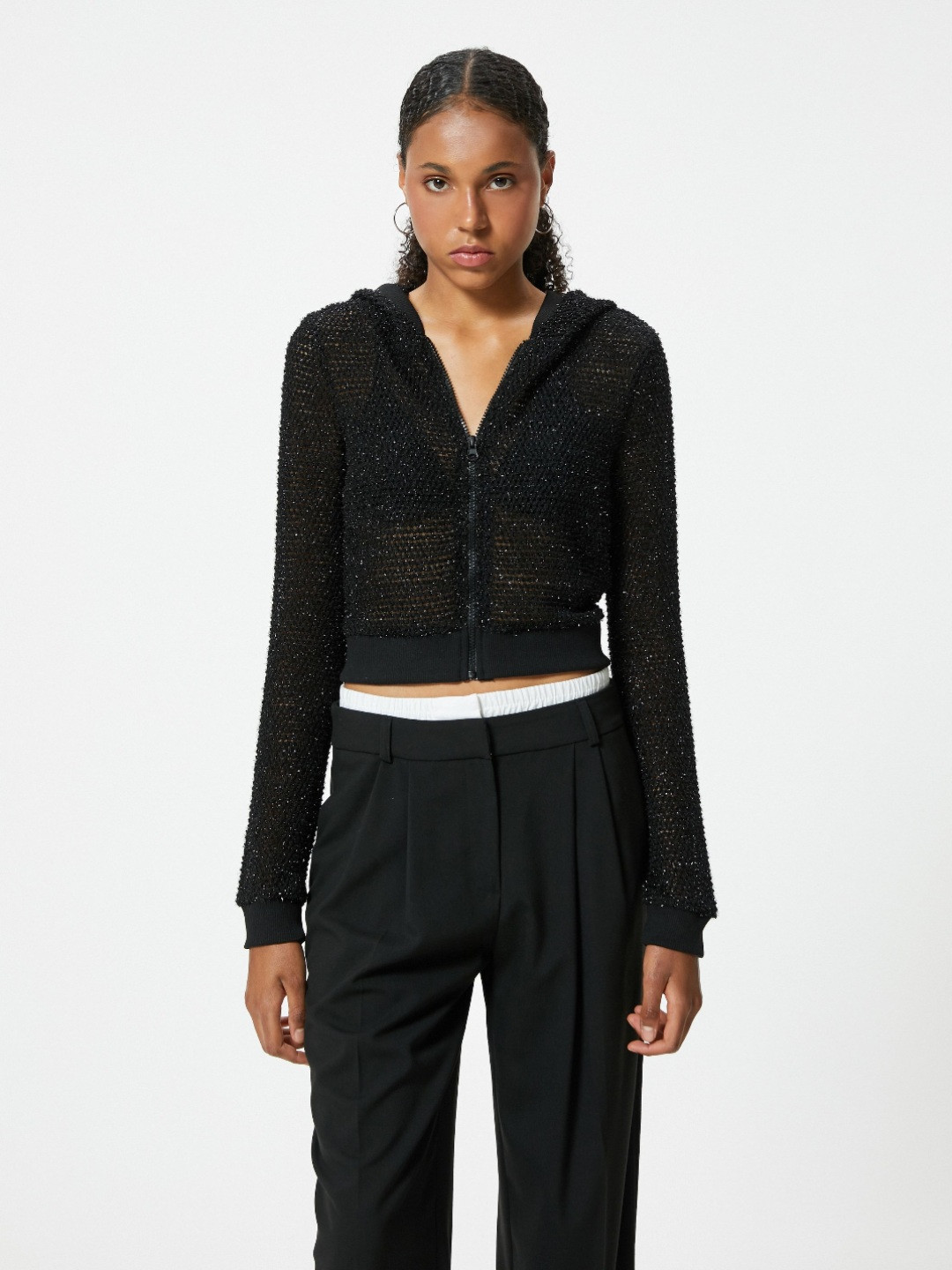 

Koton Women Self Design Hooded Crop Front-Open Sweatshirt, Black