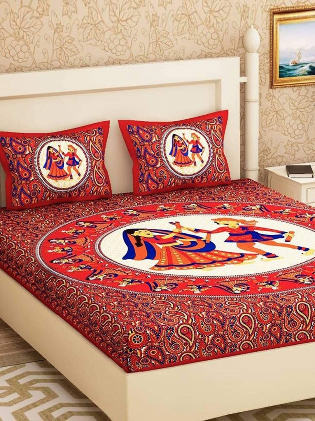 

AYAT COLLECTION Red Ethnic Printed 144 TC Cotton Queen Bedsheet with 2 Pillow Covers