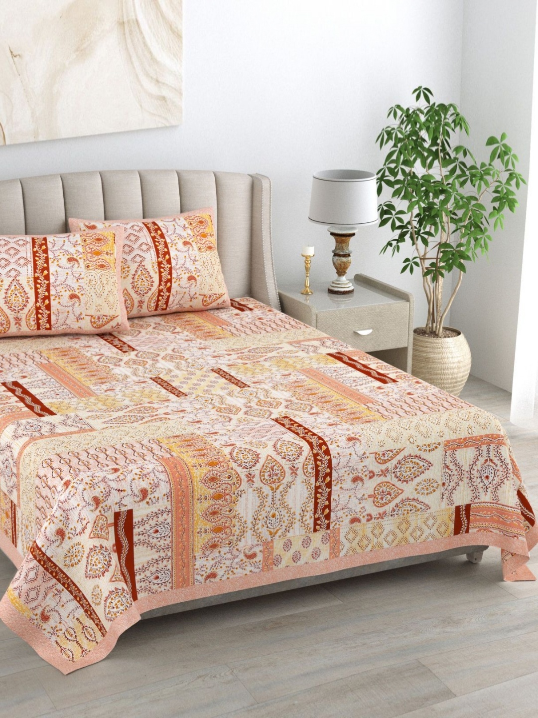 

Urban Jaipur kaya Orange Ethnic 220 TC Cotton Double King Bedsheet with 2 Pillow Covers