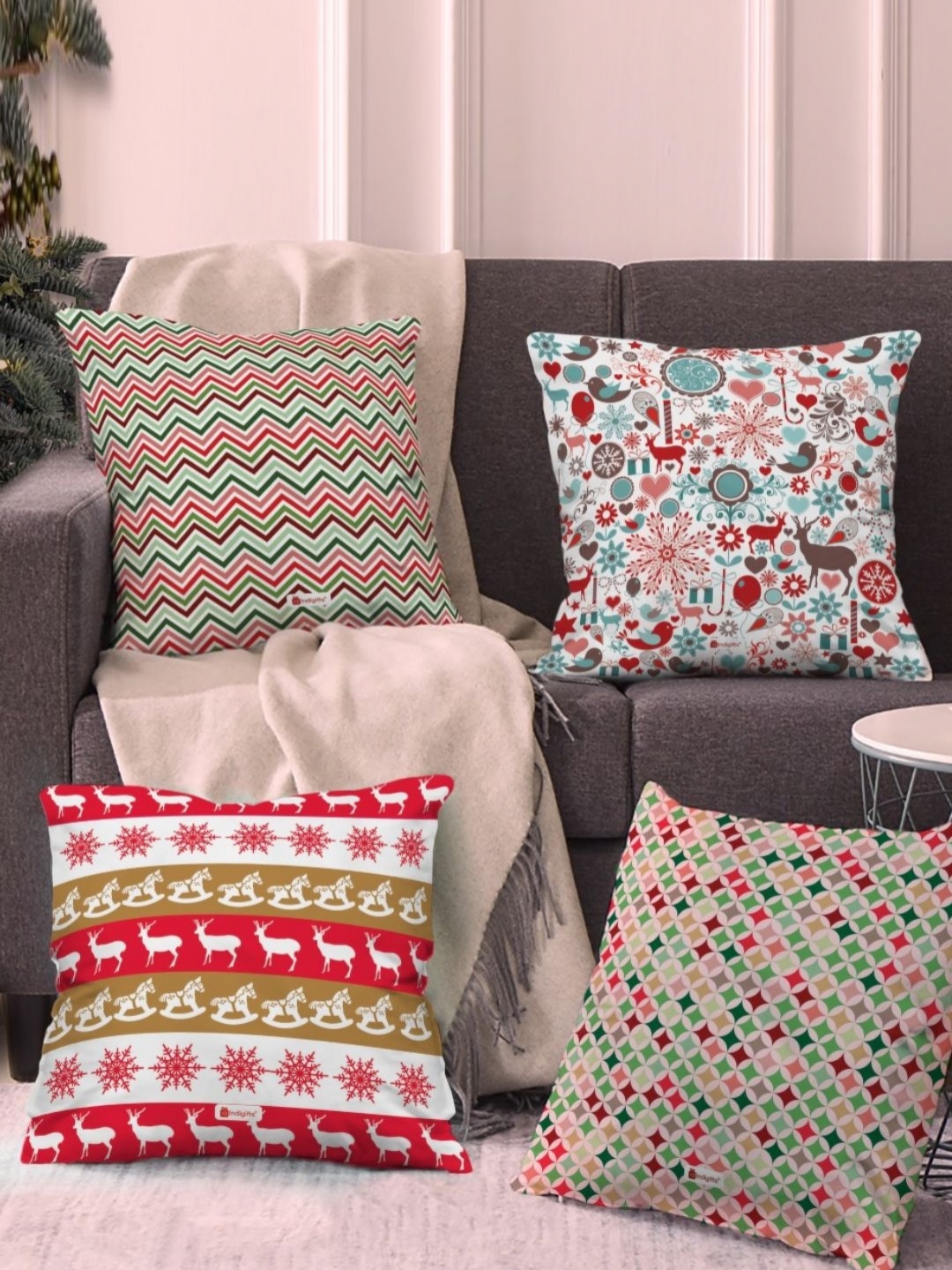 

Indigifts Red & Green 4 Pieces Geometric Printed Square Shaped Cushion Covers