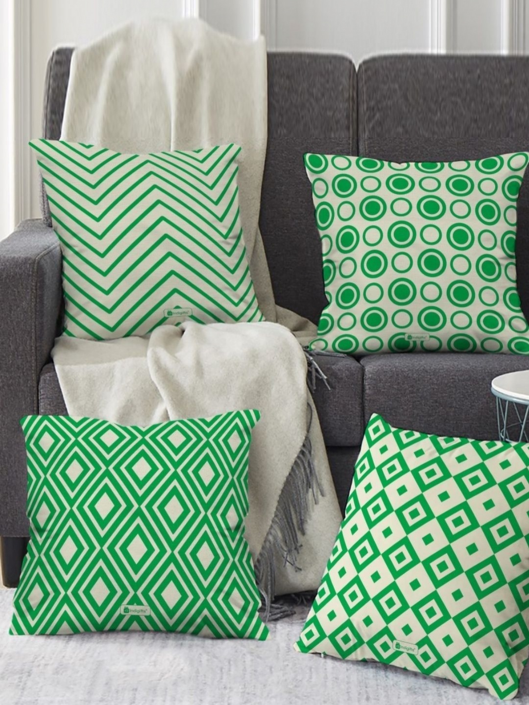 

Indigifts Green & White 4 Pieces Geometric Printed Satin Square Cushion Covers