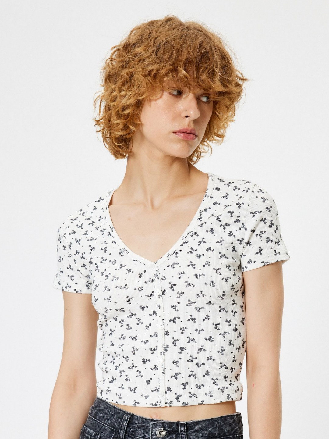 

Koton Women Conversational Printed V-Neck Cotton T-shirt, Blue