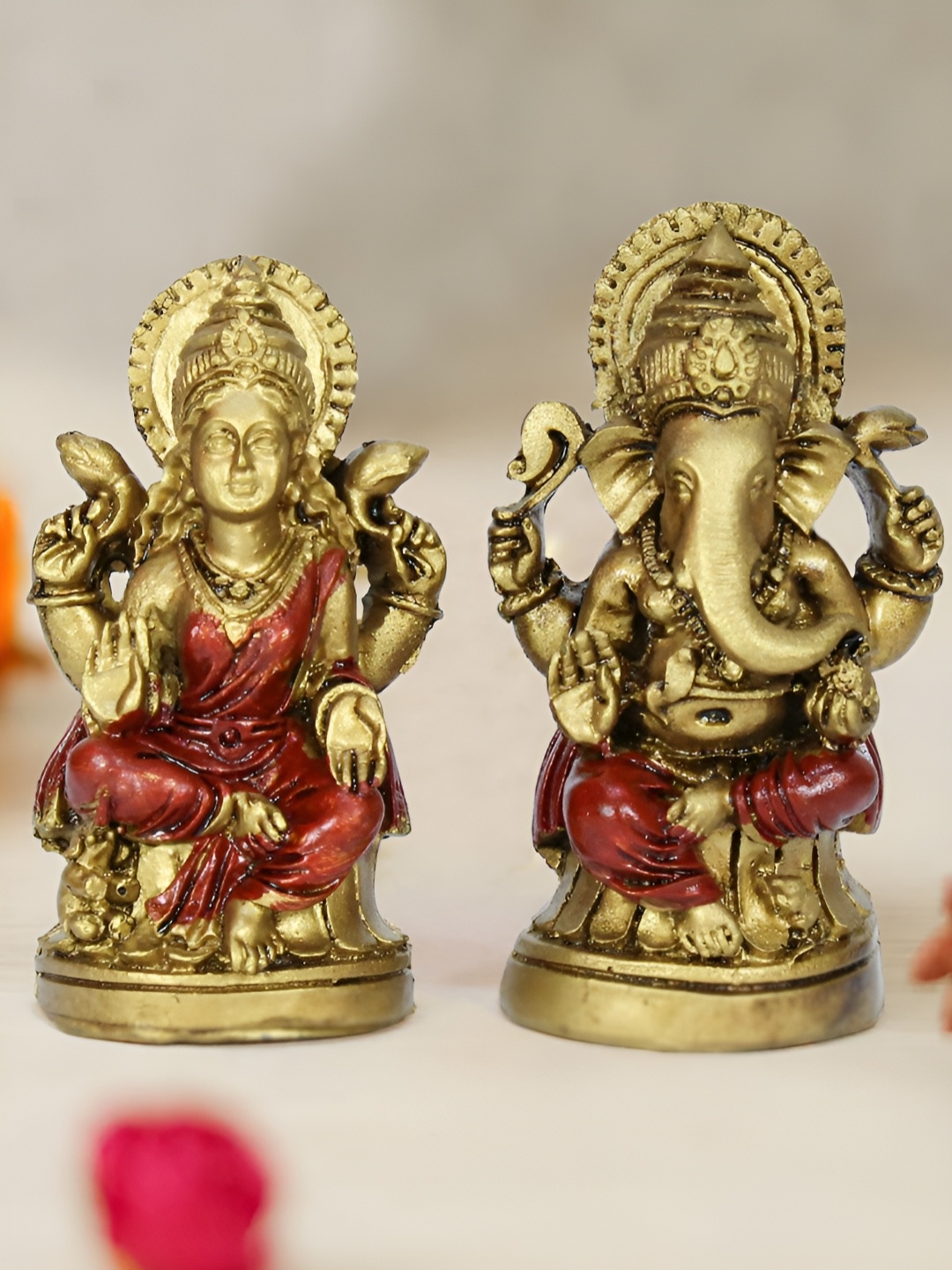 

TIED RIBBONS Gold Toned & Red 2 Pieces Lord Ganesha & Laxmi Religious Idol Showpieces