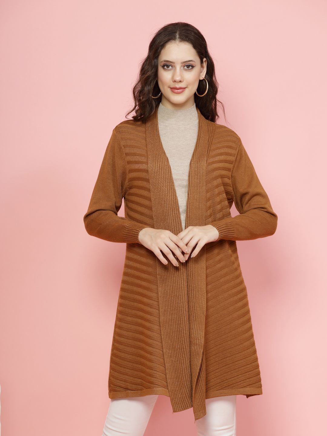 

Mafadeny Women Striped Front Open Longline Shrug, Camel brown